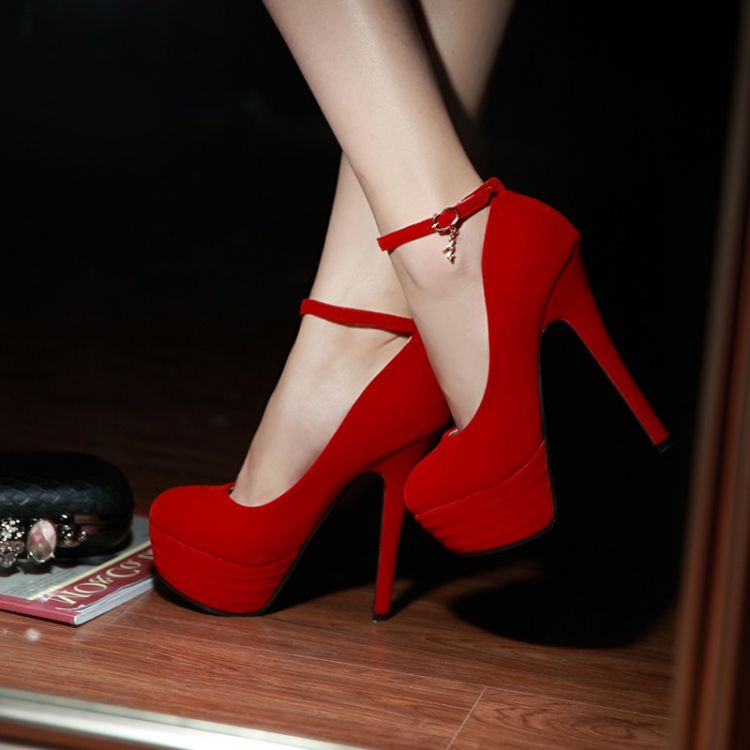 Fashion Round Toe Closed Stiletto High Heel Ankle Strap Red PU Pumps_Pumps_Shoes_LovelyWholesale 