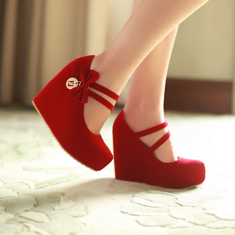 Fashion Round Toe Closed Wedges High Heel Mary Jane Red PU Pumps_Pumps ...