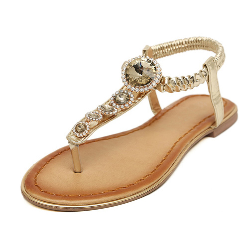 Fashion Flat Low Heel T Strap Gold PU Sandals_Sandals_Shoes ...