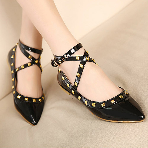 New Style Pointed Toe Closed Ankle Wrap Low Heel Black PU Flats_Flats ...