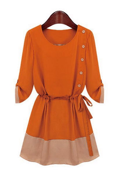 Fashion O Neck Half Sleeve Waist Orange Chiffon Mini Dress_Dresses ...