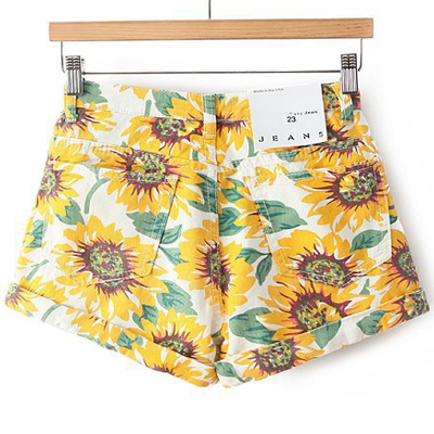 Casual Woman Sunflower Print Slim High Waist Shorts_Shorts_Bottoms ...