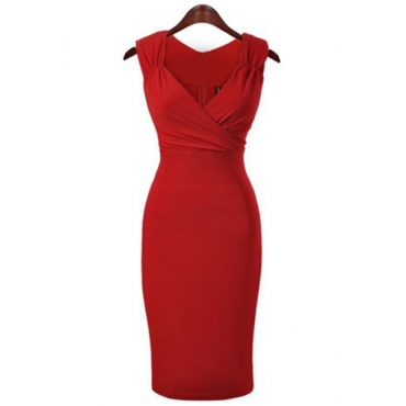 Sexy V Neck Spaghetti Strap Sleeveless Sheath Red Polyester Pencil Mini ...