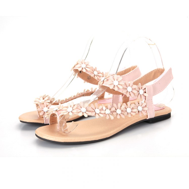 Fashion Flat Low Heel T Strap Pink PU Sandals_Sandals_Shoes ...