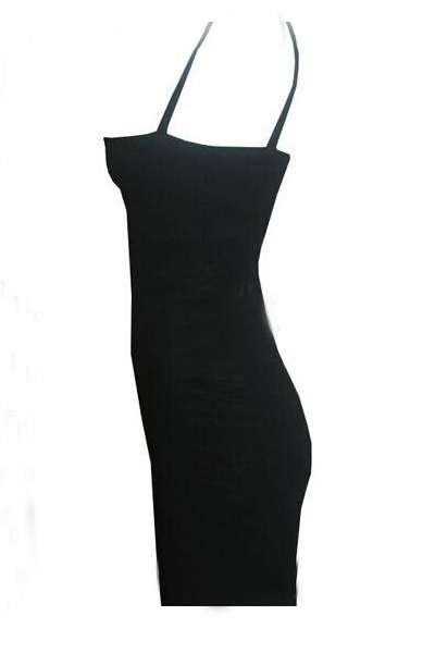 Sexy V Neck Spaghetti Strap Sleeveless Black Polyester Sheath Dress