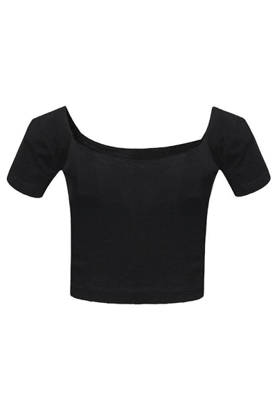 Sexy Bateau Neck Short Sleeves Solid Black T-shirt_T-shirt_Top ...