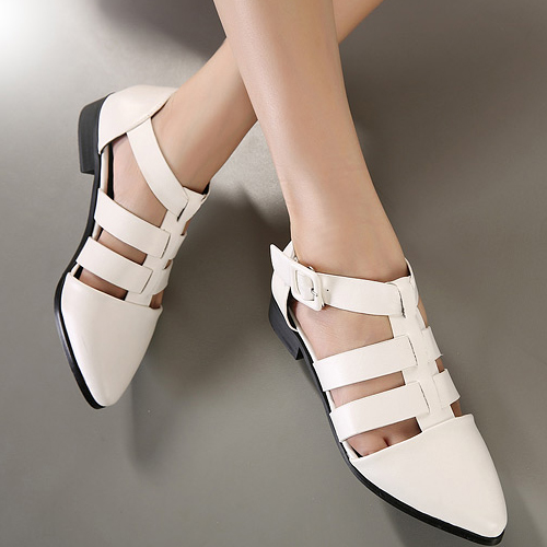 Fashion Pointed Closed Toe Flat Low Heel White PU Gladiator Sandals ...