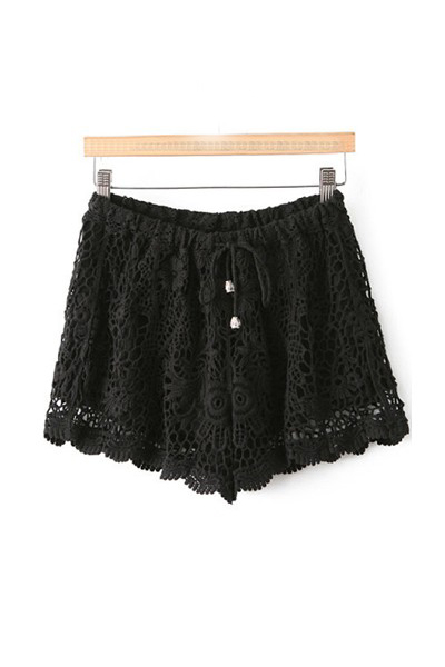 Fashion Street Style Drawstring Tied Solid Black Lace Regular Shorts ...