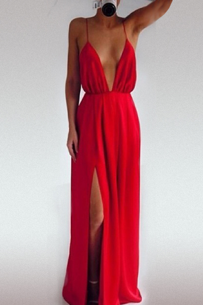 Sexy Deep V Neck Spaghetti Strap Sleeveless Backless Front Split Red Polyester A Line Floor