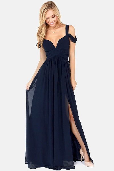 Sexy V Neck Off The Shoulder Sleeveless Side Split Solid Navy Blue ...