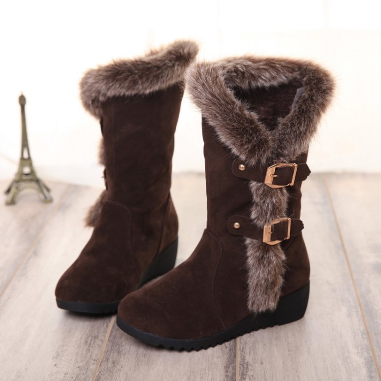 Cheap Winter Fashion Round Toe Fur Patchwork Buckle Decorated Slip On ...