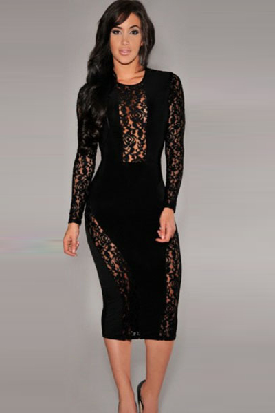 Cheap Sexy O Neck Long Sleeves Lace Patchwork Black Polyester Sheath ...