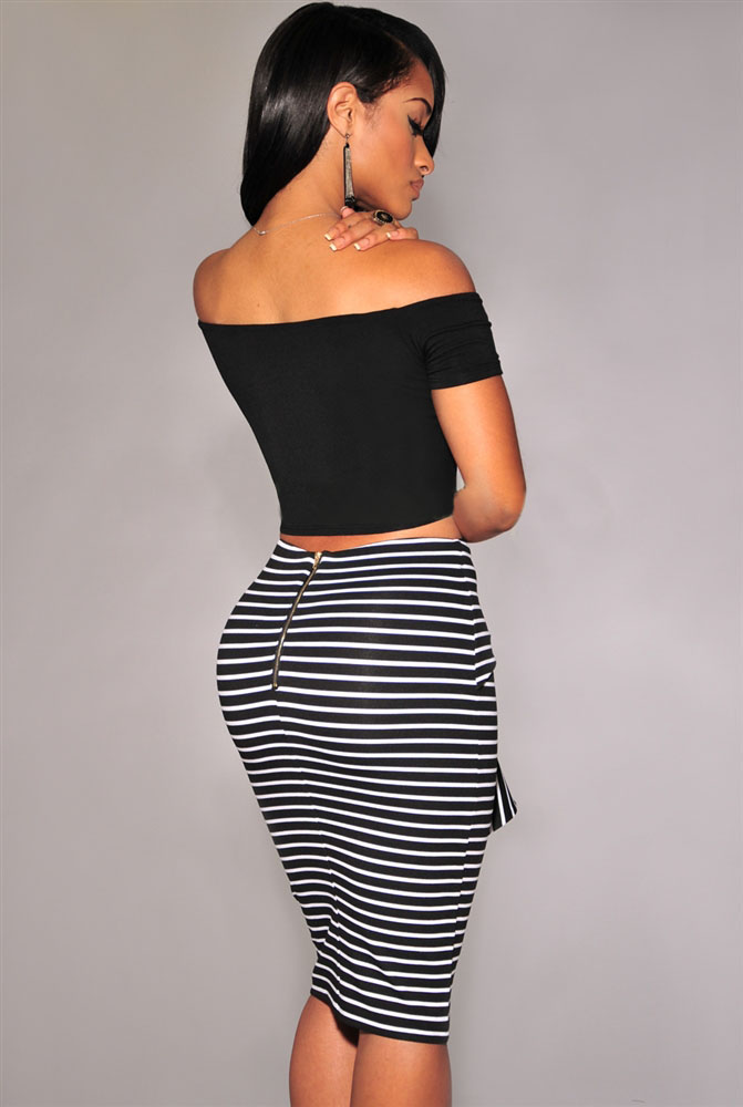 Cheap Fashion Striped Black Polyester Self-tie Sheath Knee Length Skirt ...