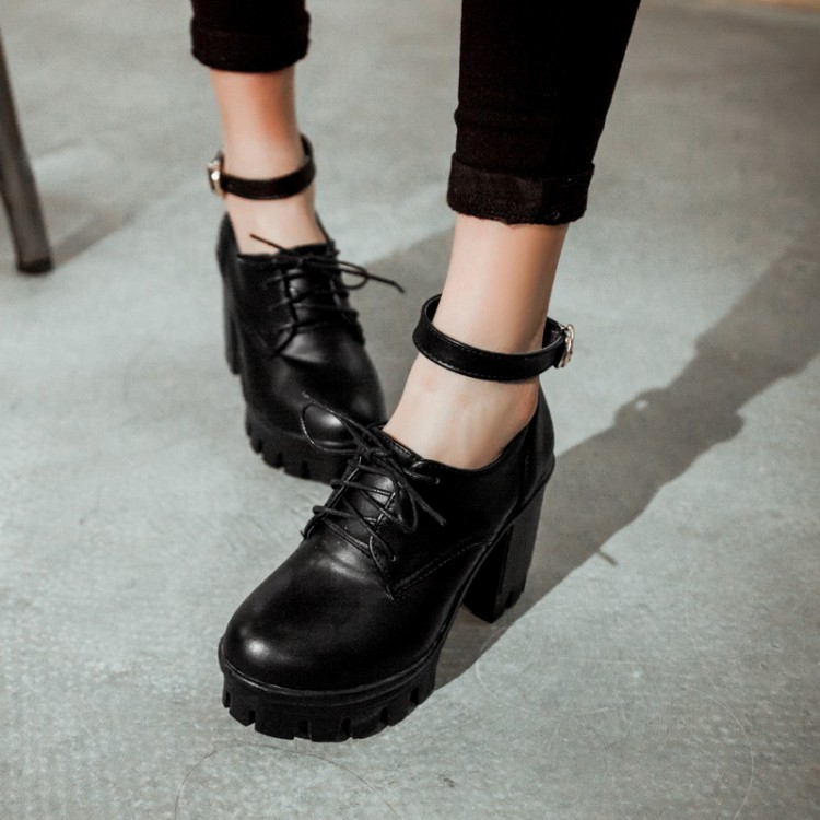Cheap Fashion Round Closed Toe Lace-up Chunky High Heels Black PU Pumps