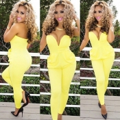 Cheap Sexy V-neck Strapless Yellow Polyester Jumps