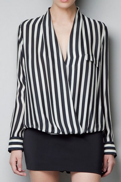 polyester v neck vertical striped long sleeve blouse