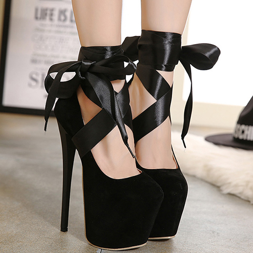 black heels with ribbons