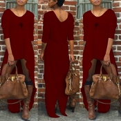 Sexy V Neck Long Sleeves Asymmetrical Red Ankle Le