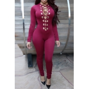 Sexy Long Sleeves Front Lace-up Hollow-out Wine Re