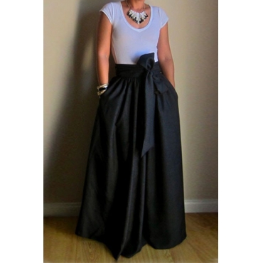 Fashion Bow Embellished Solid Black Polyester Ankle Length Skirt_Skirts ...