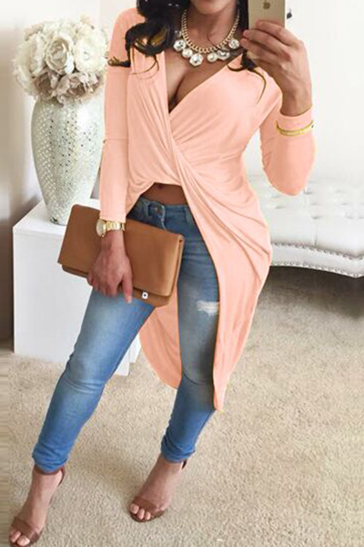 Sexy V Neck Long Sleeves Asymmetrical Pink Polyester Dress от Lovelywholesale WW