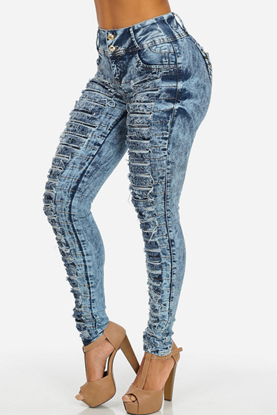 Stylish Mid Waist Hollow-out Design Blue Denim Skinny Jeans_Jeans ...