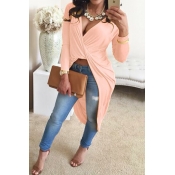 Sexy V Neck Long Sleeves Asymmetrical Pink Polyest