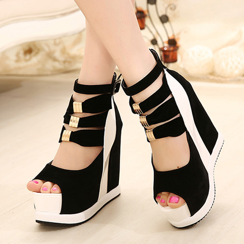 Elegatn Wedge High Heel Ankle Wrap Black PU Sandals_Sandals_Shoes ...