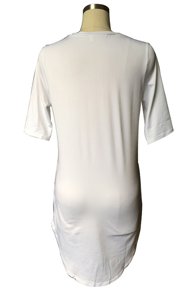 Casual V Neck Short Sleeves Asymmetrical Solid White Blending T-shirt_T ...