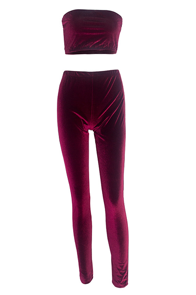 Solid Color Bateau Neck Sleeveless Wine Red Two-piece Pants Set от Lovelywholesale WW