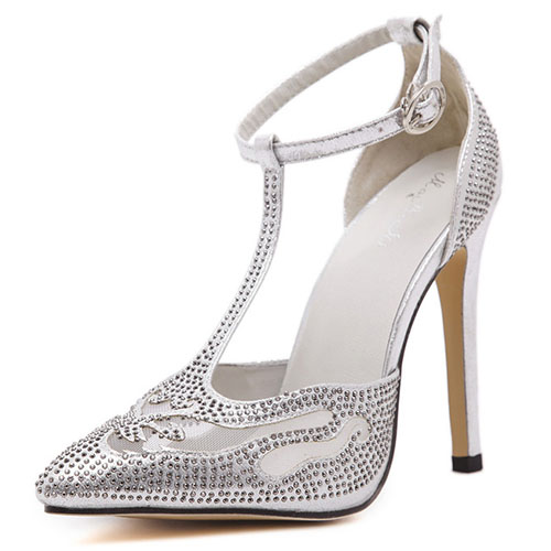 Fashion Pointed Closed Toe Rhinestone Stiletto Super High Heel Silver ...