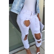 Casual Broken Holes Design Button Fly Design Solid