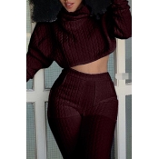 Fashion Turtleneck Long Sleeves Red Cotton Blend T