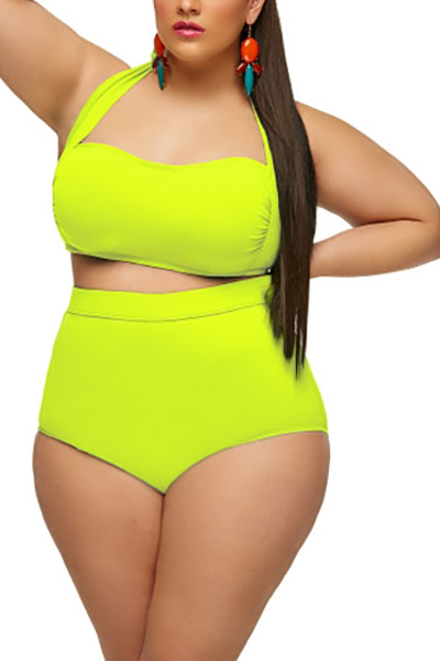 Sexy Halterneck High Waisted Yellow Two Piece Swimsuit