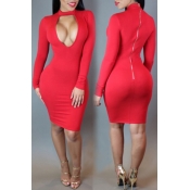 Sexy O Neck Long Sleeve Chest Hollow-out Red Polye