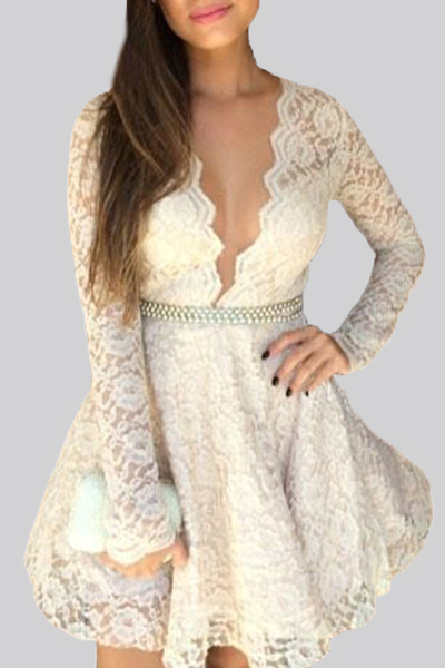 Sexy V Neck Long Sleeves Hollow Out White Lace Mini Dressdresseslovelywholesale Wholesale 