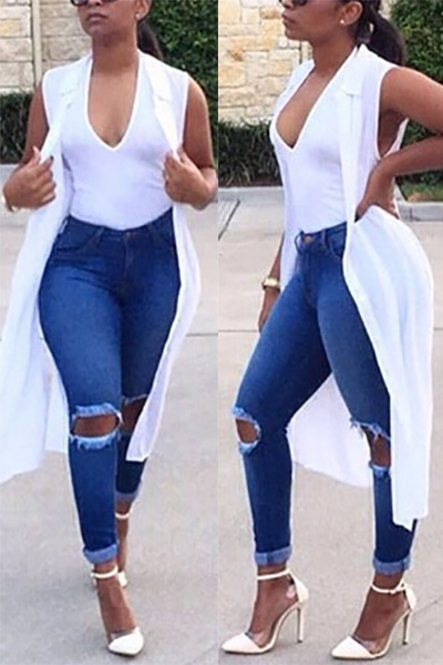Trendy High Waist Broken Holes Blue Cotton Blends Skinny Pants