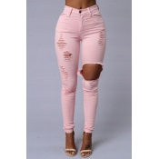 Stylish Mid Waist Broken Holes Pink Blending Jeans
