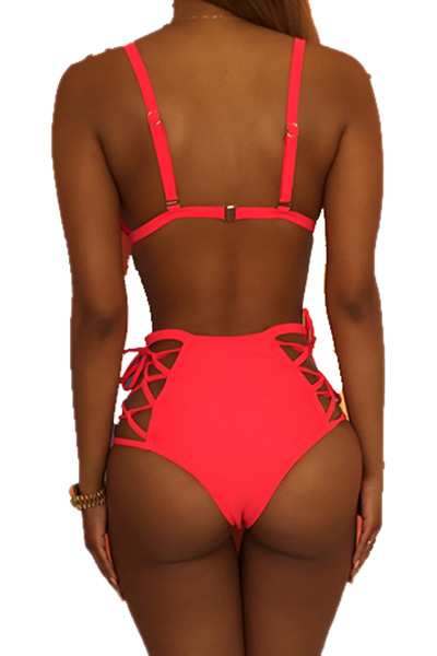 Spaghetti Strap Lace Up Hollow Out Plain Bikini