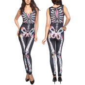 Stylish Round Neck Sleeveless Skeleton Printed Bla