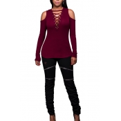 Sexy Deep V Neck Long Sleeves Hollow-out Wine Red 