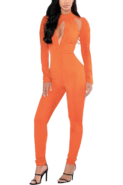 Sexy Round Neck Long Sleeves Hollow-out Orange Polyester One-piece ...