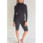 Contracted Style Round Neck Long Sleeves Black Spa