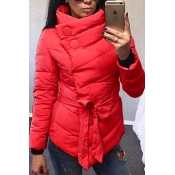 Stylish Long Sleeves Asymmetrical Red Cotton Parka
