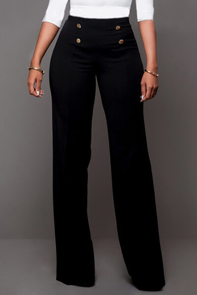 LovelyTrendy High Waist Double-breasted Decorative Black Polyester Pants
