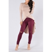 Leisure Round Neck Long Sleeves Asymmetrical Pink 