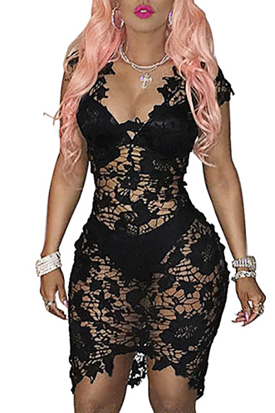 

Sexy V Neck Cap Sleeves See-Through Black Lace Sheath Knee Length Dress