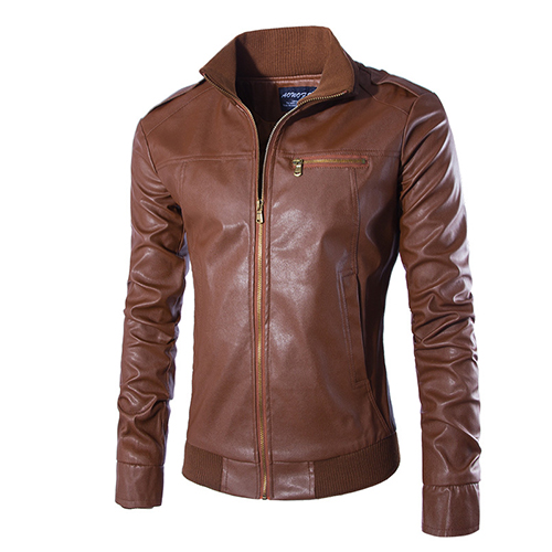 Stylish Mandarin Collar Long Sleeves Zipper Design Brown Leather Coat от Lovelywholesale WW