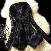 Trendy Long Sleeves Patchwork Black Faux Fur Coat