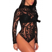 Sexy Round Neck Long Sleeves See-Through Black Lac